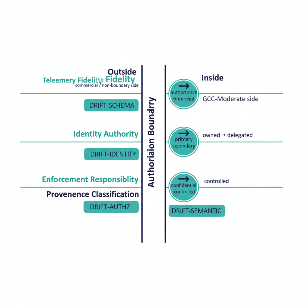 A vertical boundary line down the center labeled “Authorization Boundary“ splits the page into left (“Outside“ — commercial / non-boundary side) and right (“Inside“ — GCC-Moderate side). Four horizontal lanes cross the boundary, each labeled with one impact dimension: Telemetry Fidelity, Identity Authority, Enforcement Responsibility, Provenance Classification. On each lane the boundary line shows a transformation badge (e.g. “authoritative → derived“). Below each lane, a small drift-class badge indicates the drift class that fires on violation (DRIFT-SCHEMA, DRIFT-IDENTITY, DRIFT-AUTHZ, DRIFT-SEMANTIC).