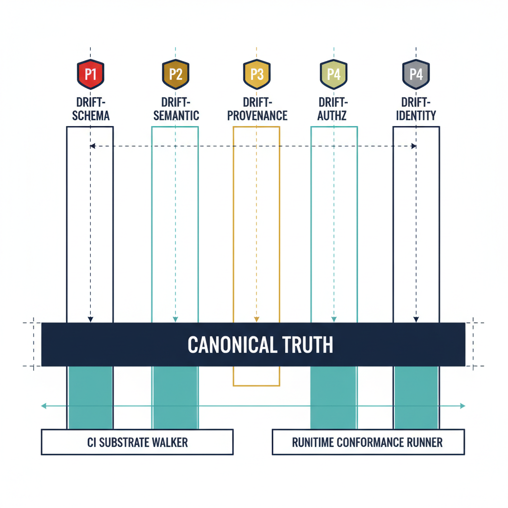 Central horizontal bar labeled “Canonical Truth“ in dark navy. Five vertical channels rise above the bar, each one a labeled drift class (DRIFT-SCHEMA, DRIFT-SEMANTIC, DRIFT-PROVENANCE, DRIFT-AUTHZ, DRIFT-IDENTITY). Each channel terminates in a small severity badge (P1 red, P2 amber, P3 yellow, P4 gray) showing typical severity for that class. Below the canonical truth bar, two detection-surface lanes — left lane “CI Substrate Walker“ highlighting SCHEMA + PROVENANCE columns, right lane “Runtime Conformance Runner“ highlighting SEMANTIC + AUTHZ + IDENTITY columns.