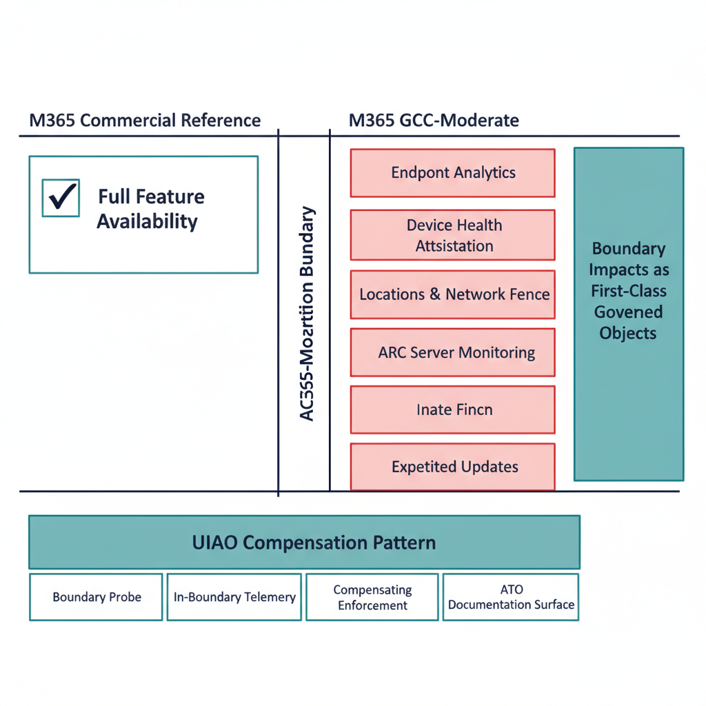Center shows the GCC-Moderate authorization boundary as a vertical line. Left of the line: M365 Commercial reference (with full feature availability). Right of the line: M365 GCC-Moderate (with five named features in dimmed/red boxes — Endpoint Analytics, Device Health Attestation, Locations & Network Fence, ARC Server Monitoring, Expedited Updates). Below the boundary line, a horizontal "the Federal Modernization Program compensation pattern" band shows four mechanisms: Boundary Probe, In-Boundary Telemetry, Compensating Enforcement, ATO Documentation Surface. To the right, an outcome panel labeled "Boundary impacts as first-class governed objects". Clean engineering blueprint style, dark navy (#0D1B2E) and teal (#1E8C8C) on white background, with red (#C74040) reserved for unavailable-feature highlights. No photographs, purely diagrammatic.
