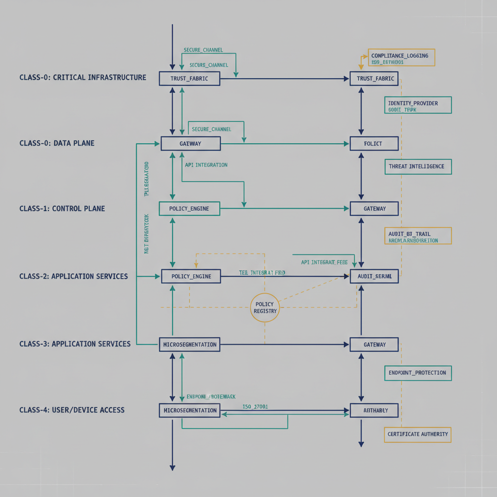 Six-step modernization arc (identity to governance). Engineering blueprint style, neutral slate background, federal navy (#1F3A5F) for primary structural elements, teal (#1A9E8F) for secondary/integration elements, amber (#D4A017) for governance/audit/registry overlays, monospace labels for identifiers, no human figures, 16:9 landscape.