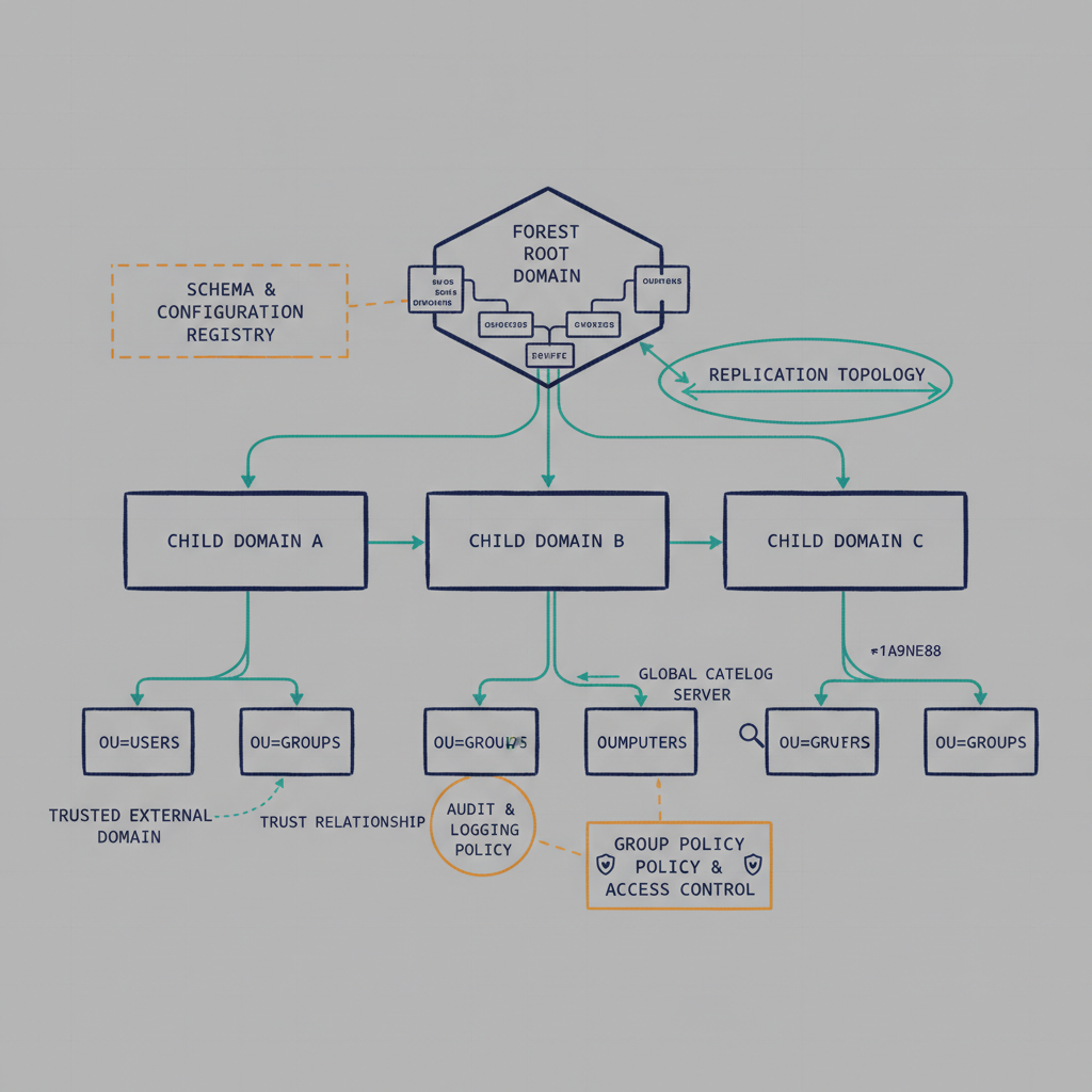 AD forest/domain topology discovery model. Engineering blueprint style, neutral slate background, federal navy (#1F3A5F) for primary structural elements, teal (#1A9E8F) for secondary/integration elements, amber (#D4A017) for governance/audit/registry overlays, monospace labels for identifiers, no human figures, 16:9 landscape.