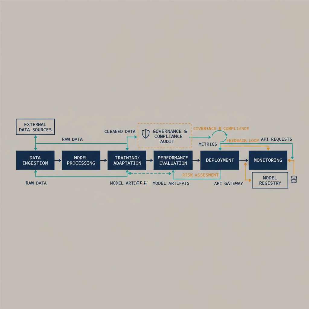 the Federal Modernization Program AD assessment pipeline data flow. Engineering blueprint style, neutral slate background, federal navy (#1F3A5F) for primary structural elements, teal (#1A9E8F) for secondary/integration elements, amber (#D4A017) for governance/audit/registry overlays, monospace labels for identifiers, no human figures, 16:9 landscape.