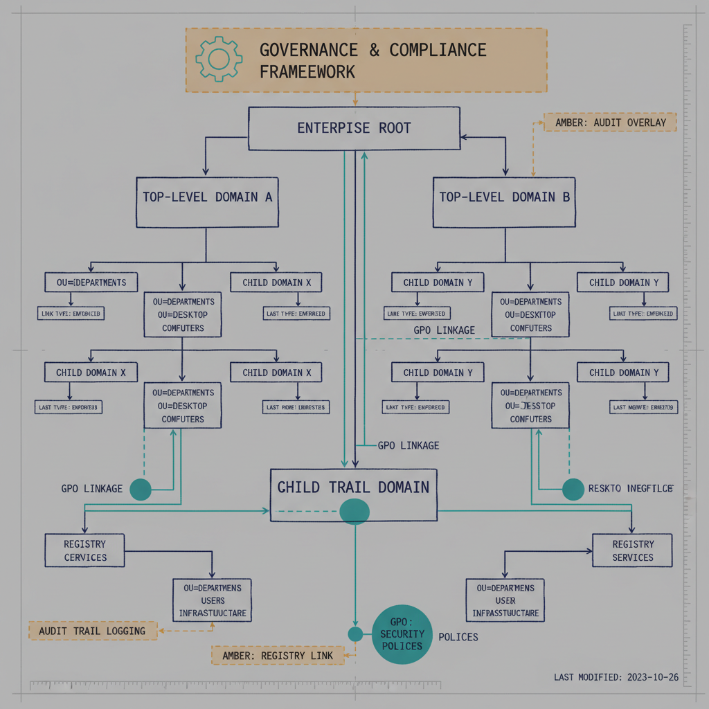 OU/GPO hierarchy and linkage diagram. Engineering blueprint style, neutral slate background, federal navy (#1F3A5F) for primary structural elements, teal (#1A9E8F) for secondary/integration elements, amber (#D4A017) for governance/audit/registry overlays, monospace labels for identifiers, no human figures, 16:9 landscape.