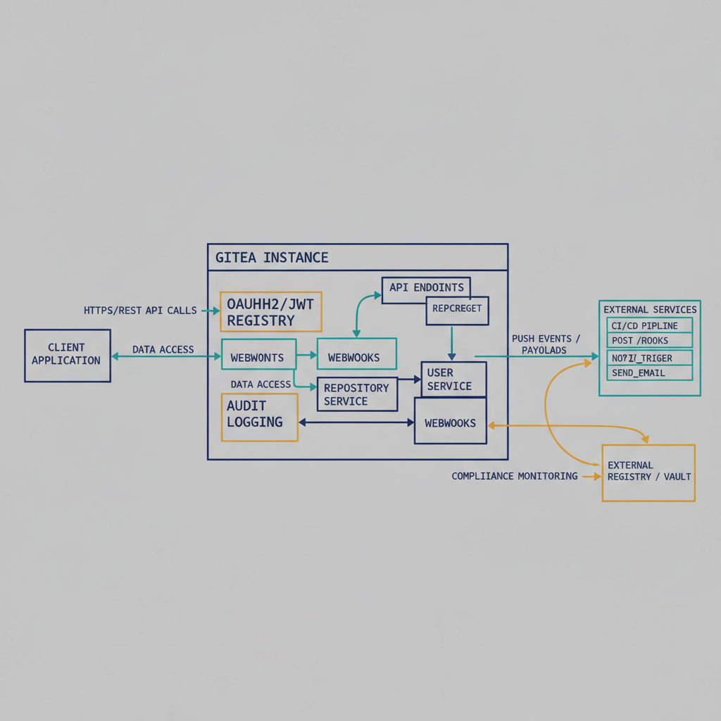 Gitea API integration sequence. Engineering blueprint style, neutral slate background, federal navy (#1F3A5F) for primary structural elements, teal (#1A9E8F) for secondary/integration elements, amber (#D4A017) for governance/audit/registry overlays, monospace labels for identifiers, no human figures, 16:9 landscape.