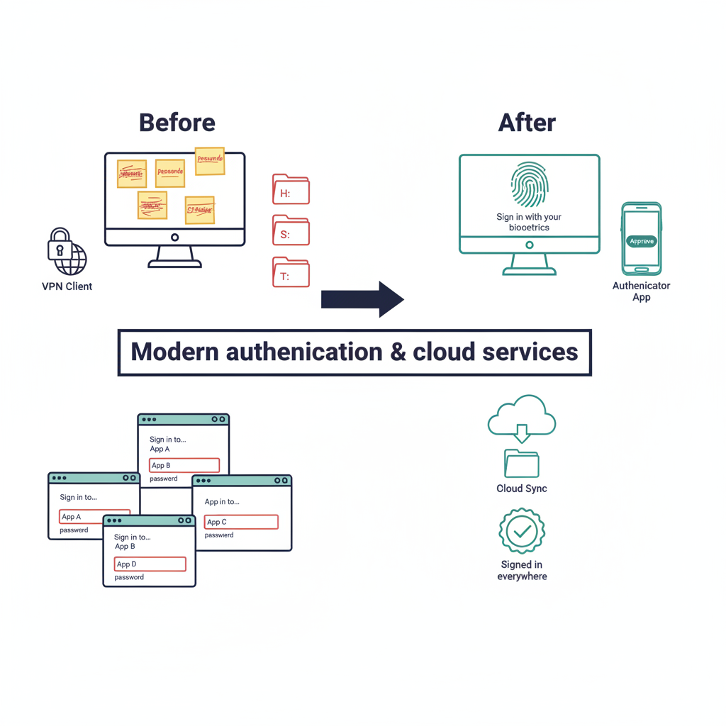 Left panel labeled "Before" shows a workstation with sticky-note passwords on the monitor, a VPN client icon, three mapped network drives labeled H:, S:, T:, and four separate sign-in prompts to different apps — friction points highlighted in muted red (#C74040). Right panel labeled "After" shows the same workstation now with a fingerprint icon at the sign-in screen, a smartphone with an Authenticator "Approve" button, a single OneDrive cloud-sync icon replacing the mapped drives, and a single "Signed in everywhere" badge. A bold horizontal arrow between the panels is labeled "Modern authentication & cloud services". Clean engineering blueprint style, dark navy (#0D1B2E) and teal (#1E8C8C) on white background, with red (#C74040) reserved for the legacy-state friction points only. No photographs, no human figures, purely diagrammatic.