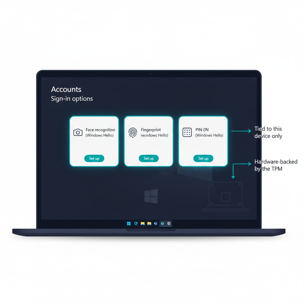 A laptop screen rendering of the Windows 11 Settings → Accounts → Sign-in options panel, with three highlighted enrollment cards: "Face recognition (Windows Hello)" with a small camera icon, "Fingerprint recognition (Windows Hello)" with a fingerprint icon, and "PIN (Windows Hello)" with a numeric-pad icon — each card showing a teal "Set up" button. A side callout labeled "Tied to this device only" points to the PIN card; a second callout labeled "Hardware-backed by the TPM" points to the laptop chassis. Clean Windows-11 UI illustration style, dark navy (#0D1B2E) and teal (#1E8C8C) accents on white background. No photographs, no human faces, purely a UI mockup.