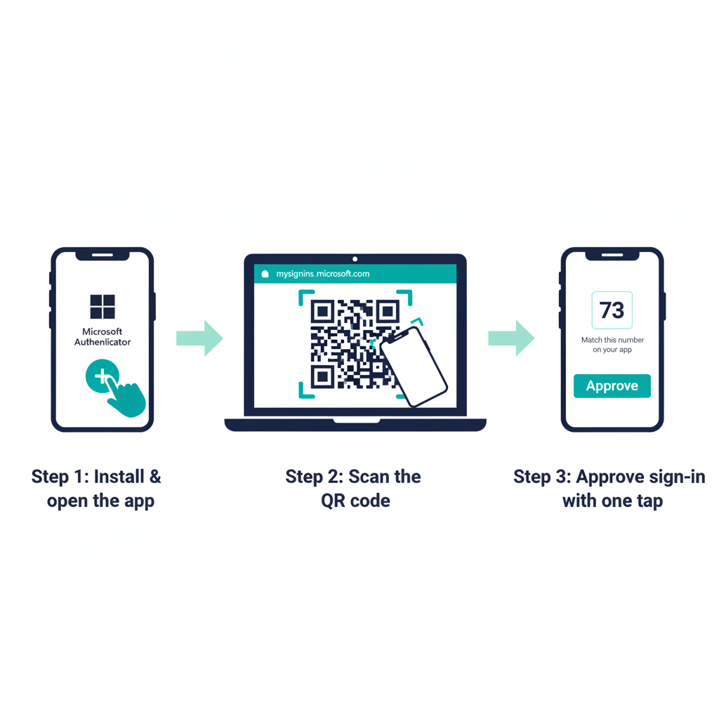 Step 1: a smartphone outline showing the Authenticator app's "+" button being tapped, label "Install & open the app". Step 2: a laptop showing a QR code on the mysignins.microsoft.com Security info page with the same smartphone scanning it via its camera, label "Scan the QR code". Step 3: the smartphone showing a single bold "Approve" button beneath a two-digit number-match prompt, label "Approve sign-in with one tap". Light teal arrows connect the three steps. Clean engineering illustration style, dark navy (#0D1B2E) and teal (#1E8C8C) on white background. No photographs, no human figures, purely diagrammatic.