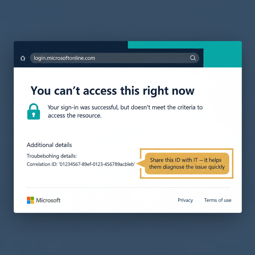 A browser window centered on a Microsoft-styled "You can't access this right now" message, with a sub-line "Your sign-in was successful, but doesn't meet the criteria to access this resource." At the bottom of the page, a "Correlation ID:" label with a sample GUID, outlined in amber and pointed to by a callout arrow labeled "Share this ID with IT — it helps them diagnose the issue quickly." Clean Microsoft 365 sign-in UI styling, dark navy (#0D1B2E) and teal (#1E8C8C) accents on white background, with amber (#D4A017) reserved for the correlation-ID highlight only. No photographs, no human figures, purely a UI illustration.