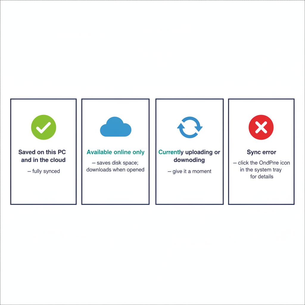 Four labeled cards arranged horizontally on a clean white background, each showing one OneDrive File-Explorer status icon at large size with its label and a one-line meaning underneath: (1) green circle with white checkmark — "Saved on this PC and in the cloud — fully synced"; (2) blue cloud outline — "Available online only — saves disk space; downloads when opened"; (3) blue circular-arrows icon — "Currently uploading or downloading — give it a moment"; (4) red circle with white X — "Sync error — click the OneDrive icon in the system tray for details". The four status colors (green, blue, blue, red) are preserved as the authentic OneDrive palette. Overall page uses dark navy (#0D1B2E) and teal (#1E8C8C) for borders and labels. Clean engineering reference-card style. No photographs, no human figures, purely a UI illustration.