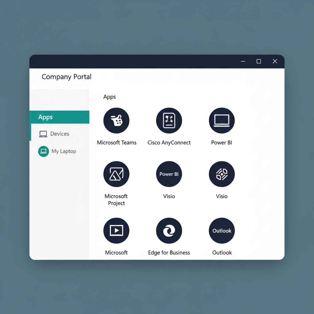 A windowed application with two visible tabs in the left sidebar: "Apps" (currently active, highlighted by a teal accent bar) and "Devices". The main content area under the Apps tab shows a 4×2 grid of application tiles — each tile has an app icon and a name (examples: Microsoft Teams, Adobe Acrobat, Cisco AnyConnect, Power BI, Visio, Microsoft Project, Edge for Business, Outlook). The Devices tab in the sidebar carries a small "Compliant" badge next to the device name. Clean Windows-11 UI illustration style, dark navy (#0D1B2E) and teal (#1E8C8C) accents on white background. No photographs, no human figures, purely a UI mockup.
