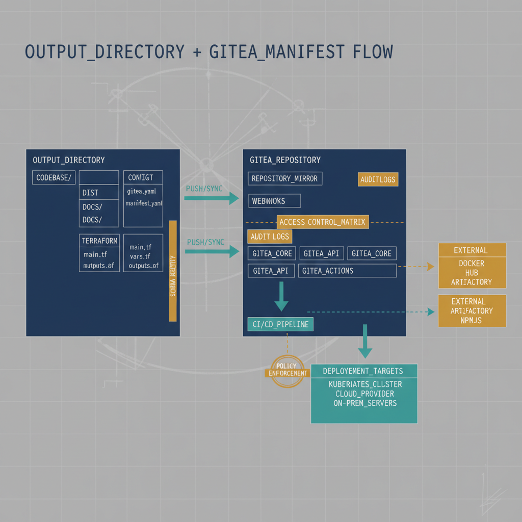 output directory + Gitea manifest flow. Engineering blueprint style, neutral slate background, federal navy (#1F3A5F) for primary structural elements, teal (#1A9E8F) for secondary/integration elements, amber (#D4A017) for governance/audit/registry overlays, monospace labels for identifiers, no human figures, 16:9 landscape.